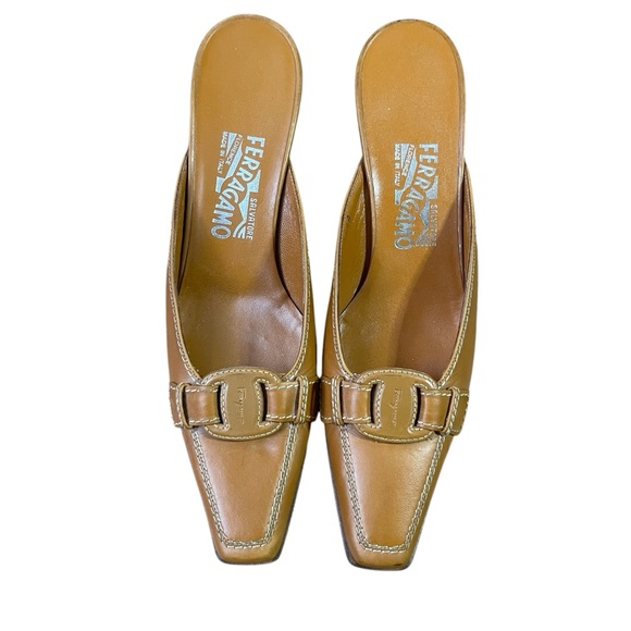 Salvatore Ferragamo Tan Leather Mules with Leather Buckle 7.5 3A Made in Italy - Picture 1 of 7